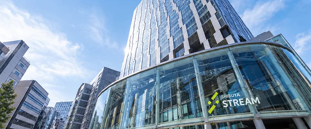 Glass exterior of the Shibuya Stream building